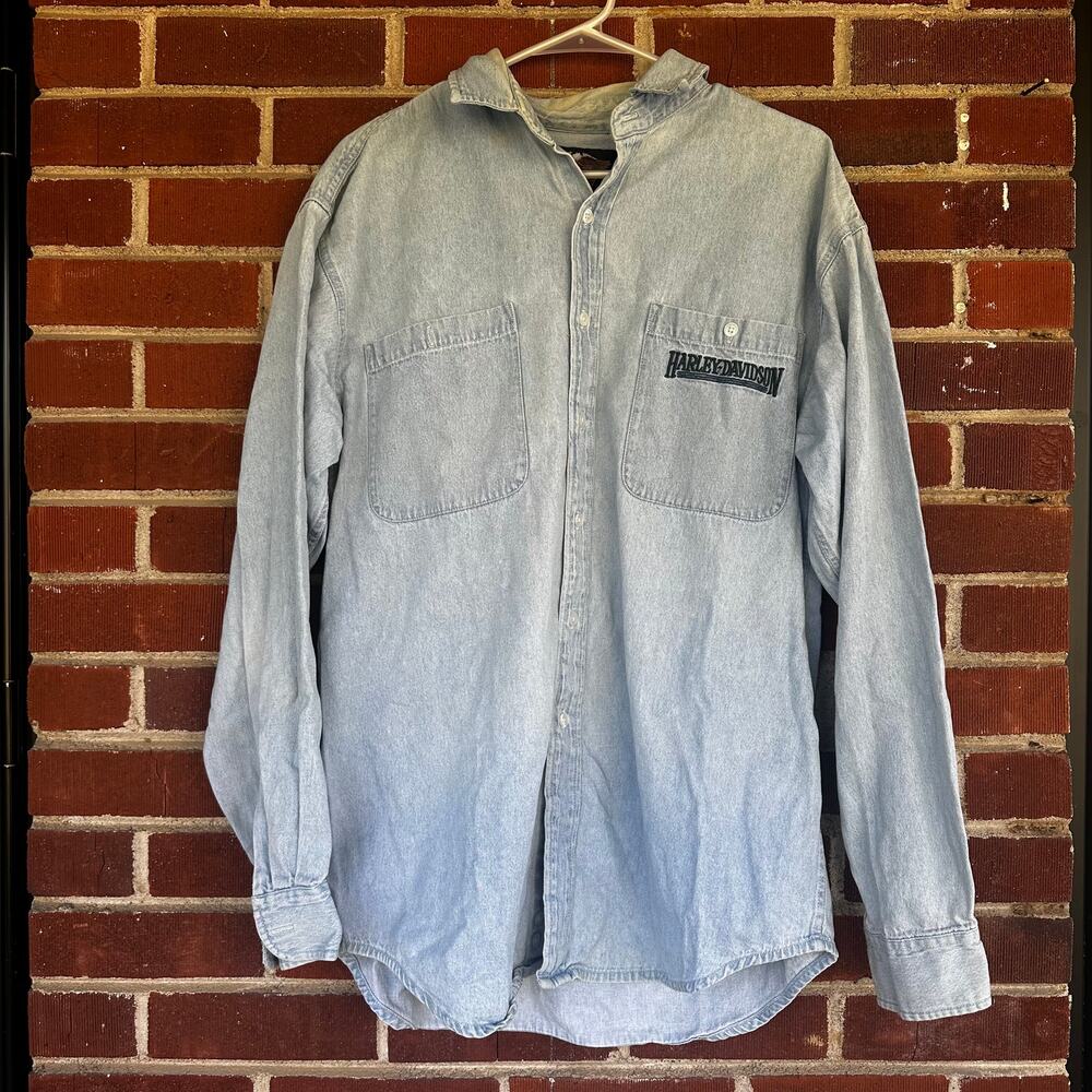 Vintage Harley Davidson Denim Button Up Shirt Light Wash L